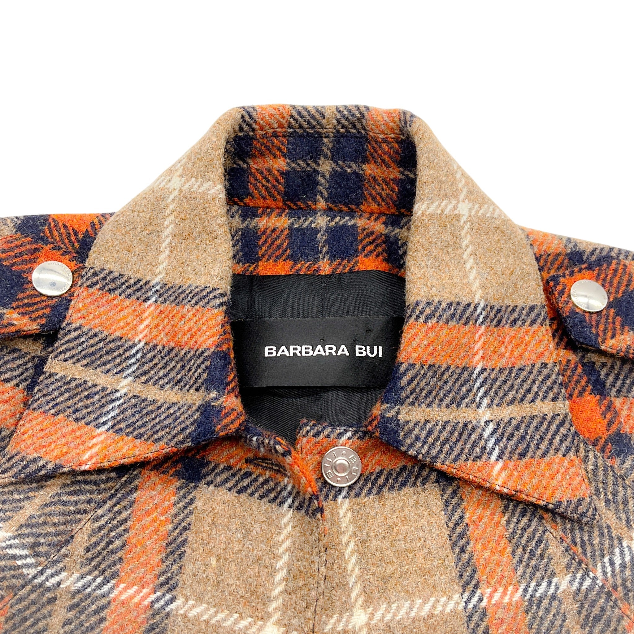 Barbara Bui Orange / Navy / Beige Wool Plaid Jacket with Belted Hem