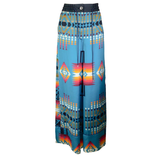Sacai Turquoise Multi Aztec Print Satin Pants