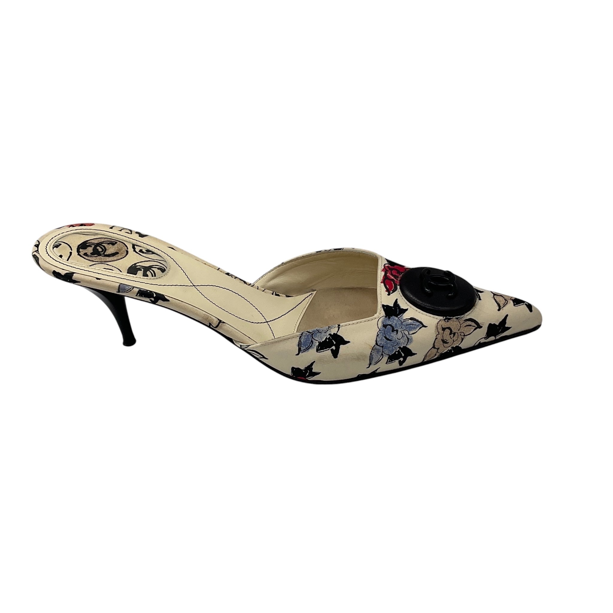 Chanel Ivory Multi Floral Fabric Mules with Leather CC Logo