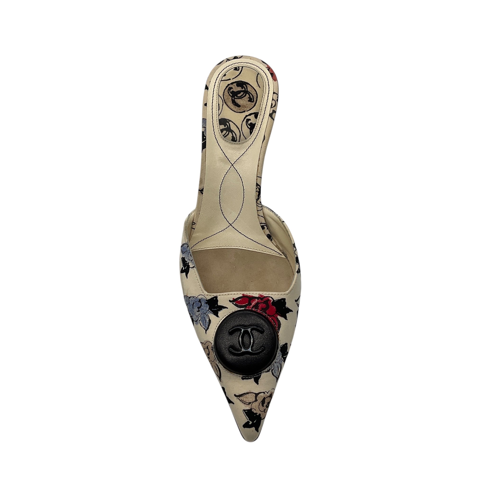 Chanel Ivory Multi Floral Fabric Mules with Leather CC Logo
