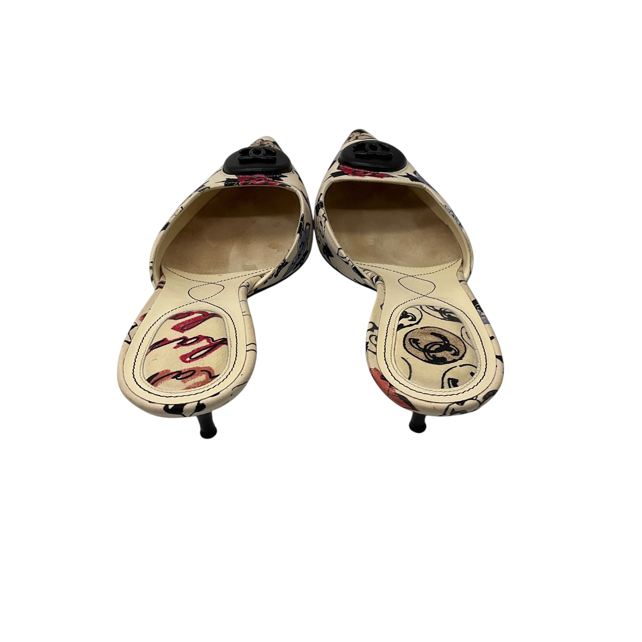 Chanel Ivory Multi Floral Fabric Mules with Leather CC Logo
