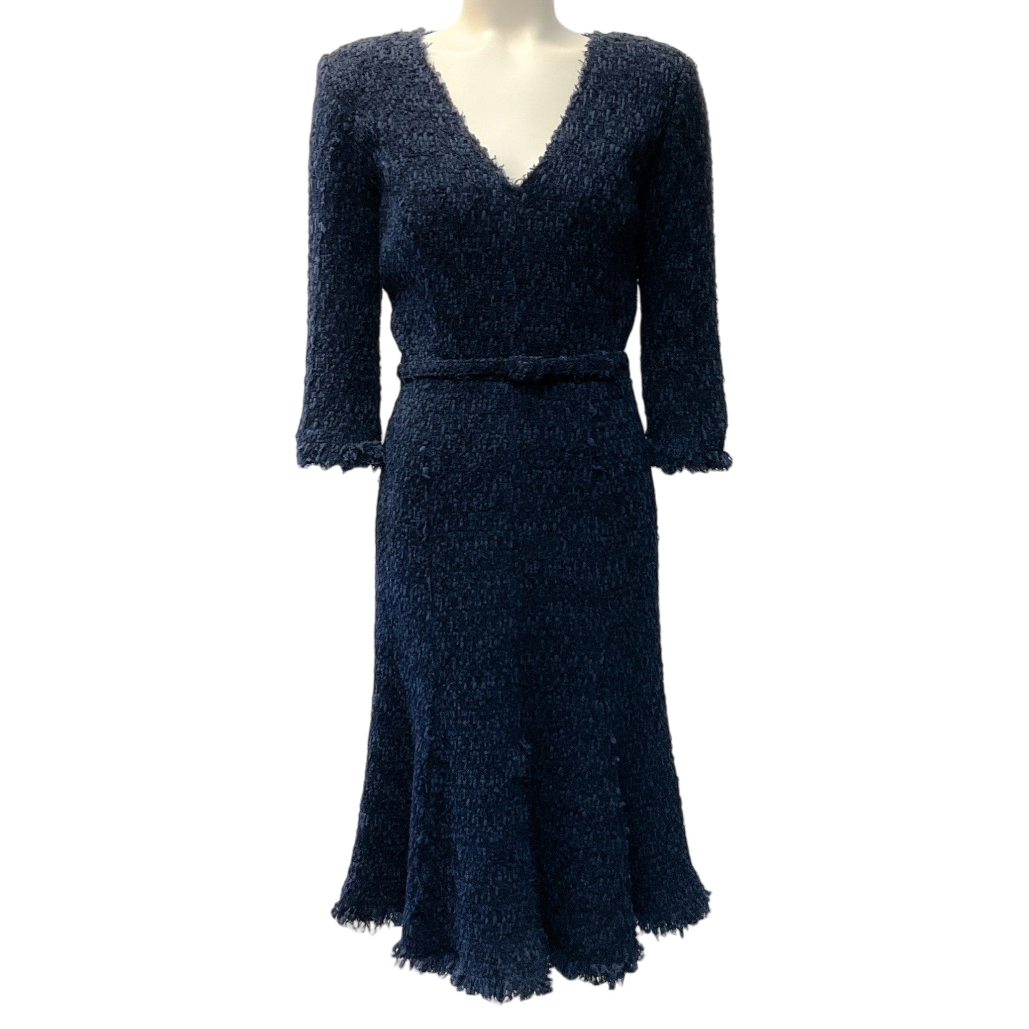 Oscar de la Renta Navy Blue Belted Midi Dress