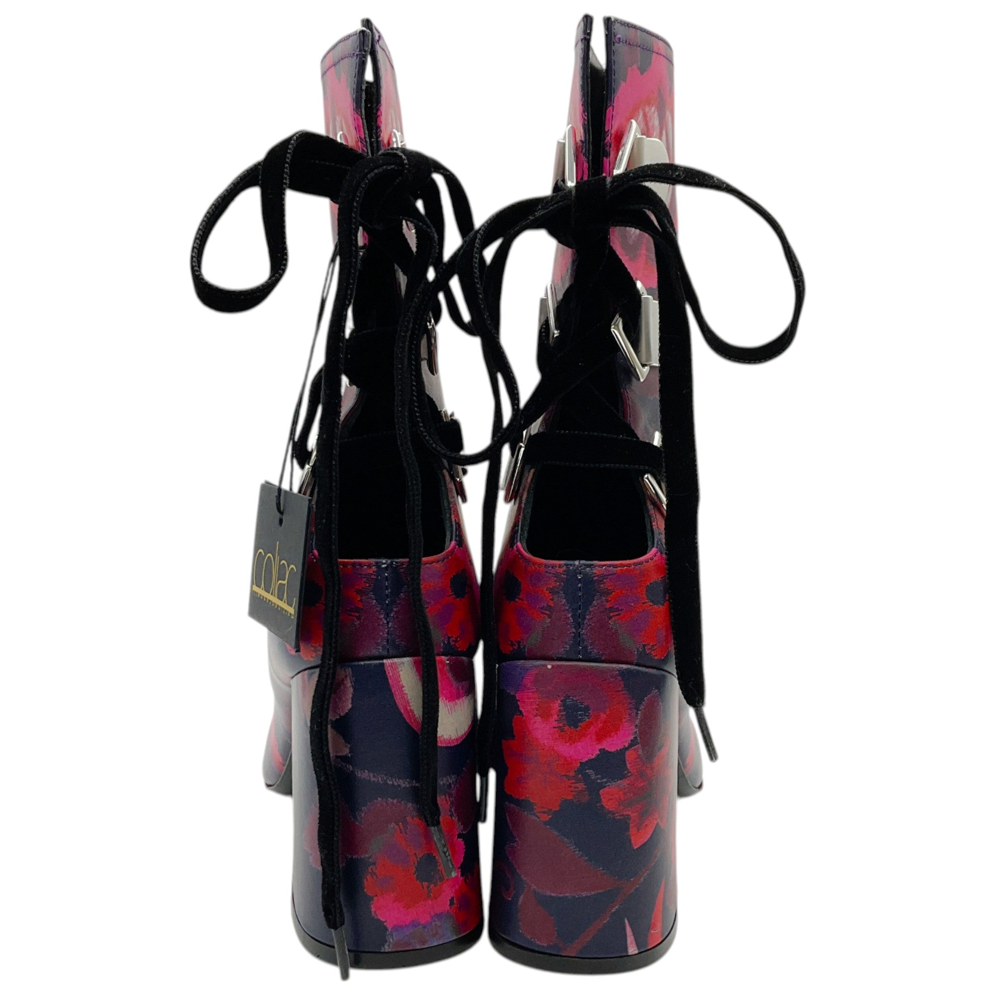 Tanya Taylor Navy Blue Multi Floral Marta Lace Back Boots