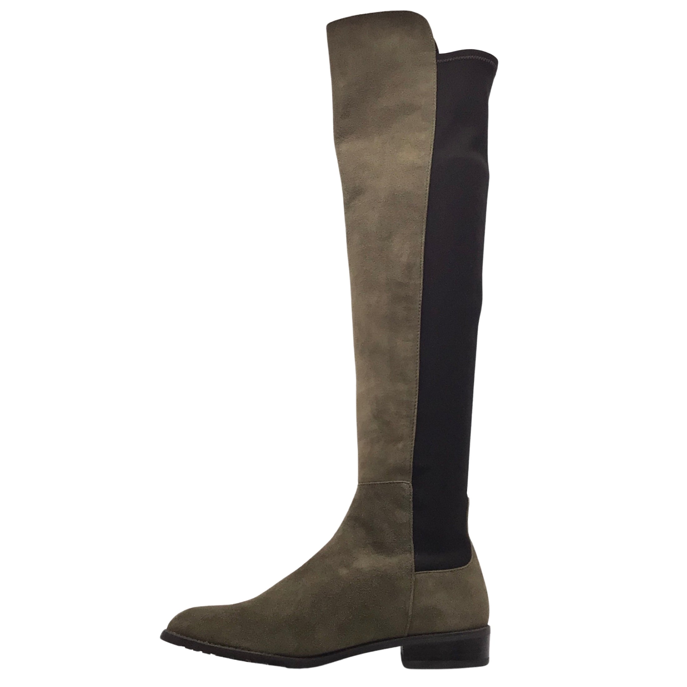 Stuart Weitzman Olive Green / Black Fringed Pull-On Knee-High Suede Leather Boots