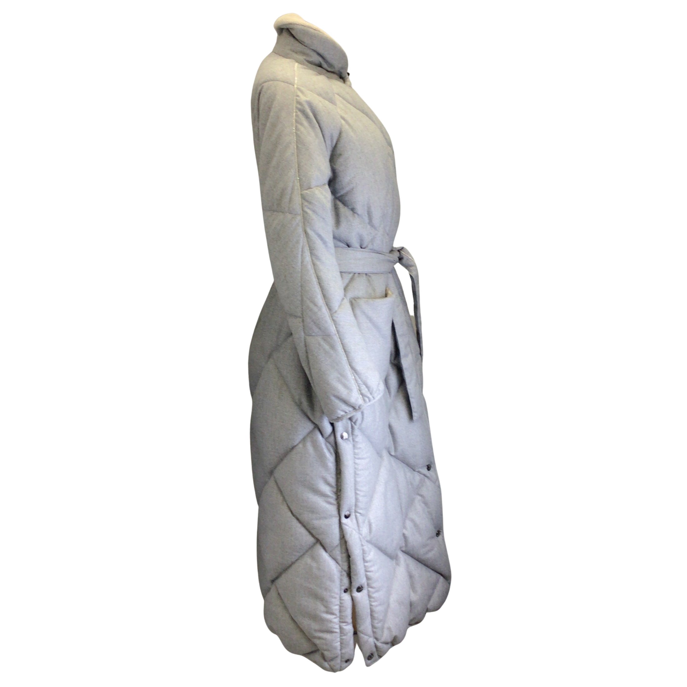 Peserico Grey / Silver Monili Beaded Detail Belted Mid-Length Puffer Coat