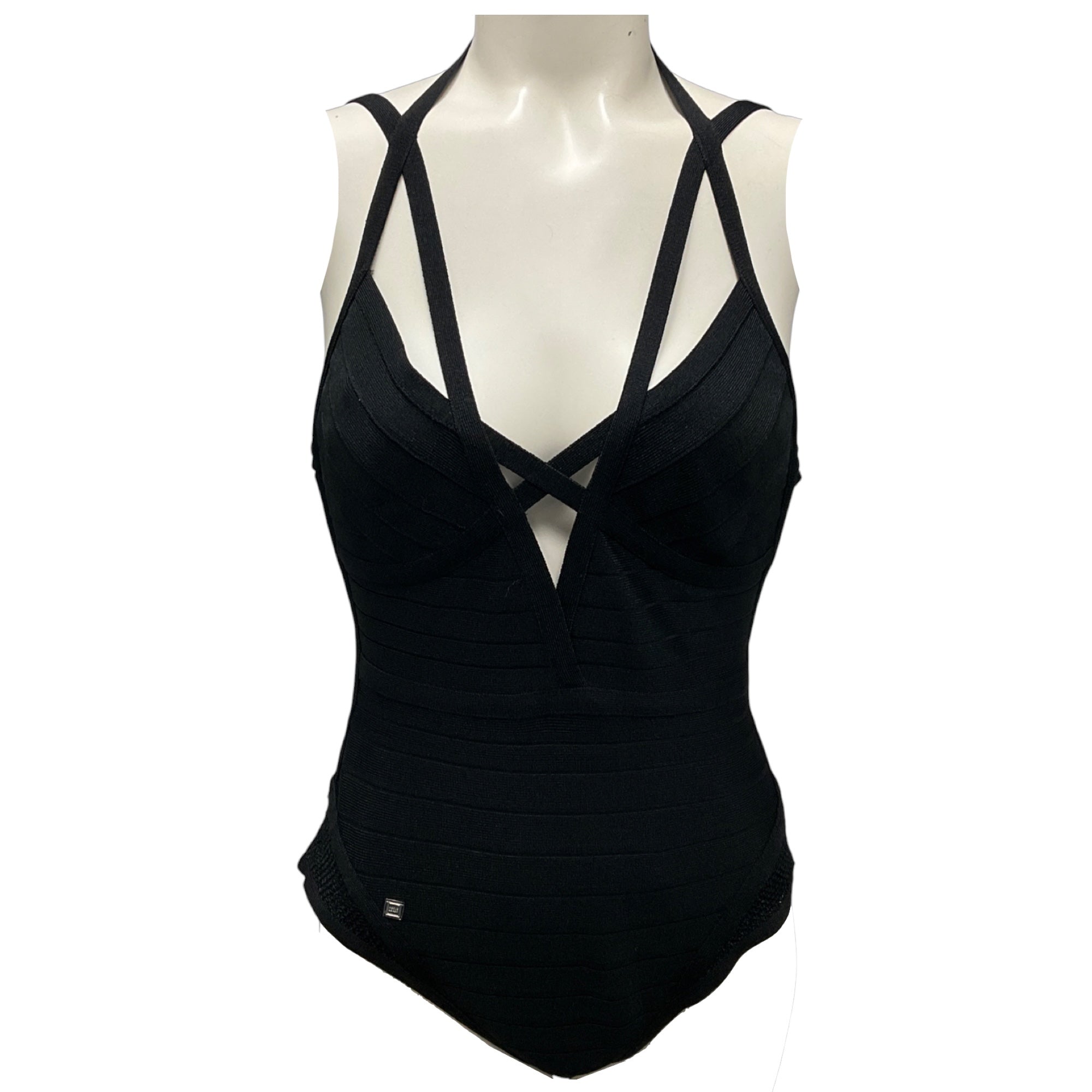 Herve Leger Black Swimwear 2018 Mesh Trimmed Bandage Swimsuit