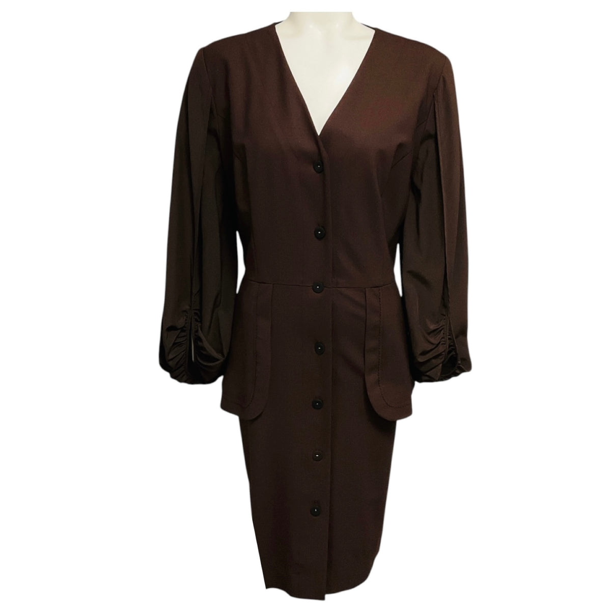 Fendi Brown Long Sleeved V-Neck Button Front Midi Shirtdress