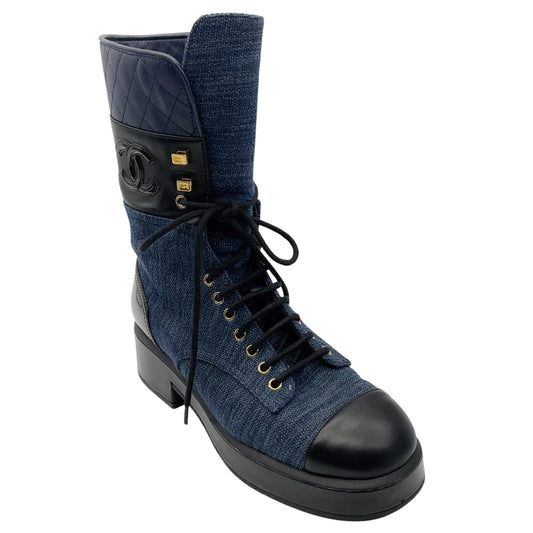 Chanel Navy Blue / Black 2022 Denim Fabric, Patent Calfskin, and Lambskin Quilted CC Lace Up Combat Boots
