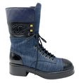 Load image into Gallery viewer, Chanel Navy Blue / Black 2022 Denim Fabric, Patent Calfskin, and Lambskin Quilted CC Lace Up Combat Boots
