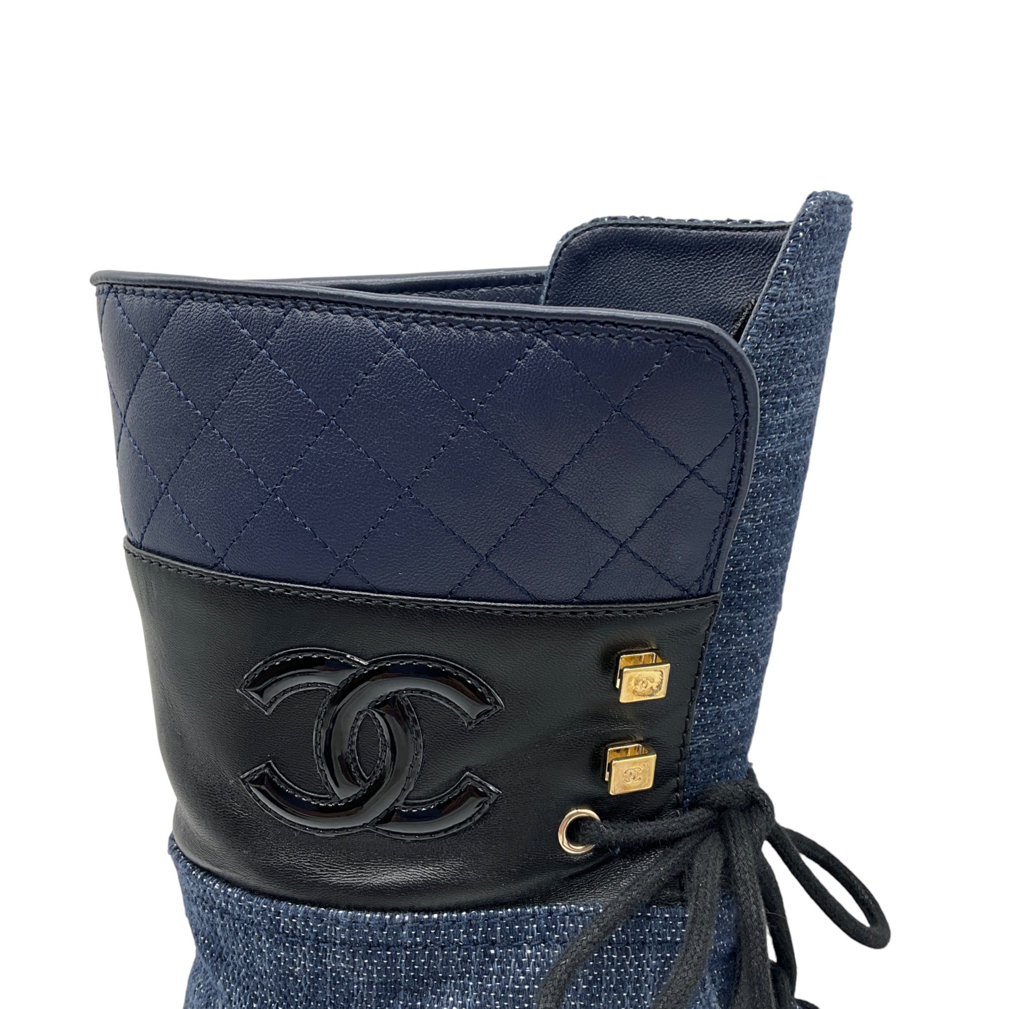 Chanel Navy Blue / Black 2022 Denim Fabric, Patent Calfskin, and Lambskin Quilted CC Lace Up Combat Boots