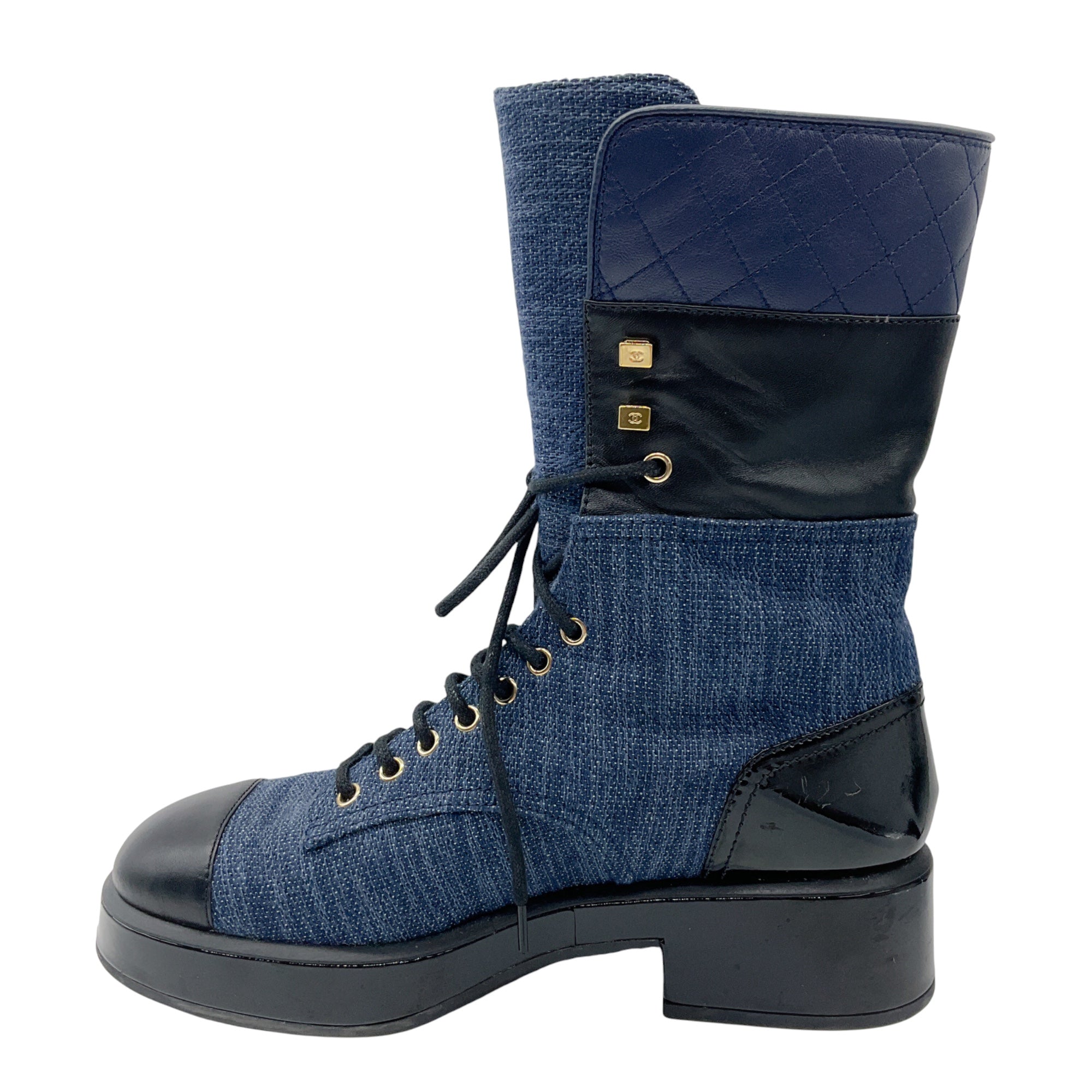 Chanel Navy Blue / Black 2022 Denim Fabric, Patent Calfskin, and Lambskin Quilted CC Lace Up Combat Boots