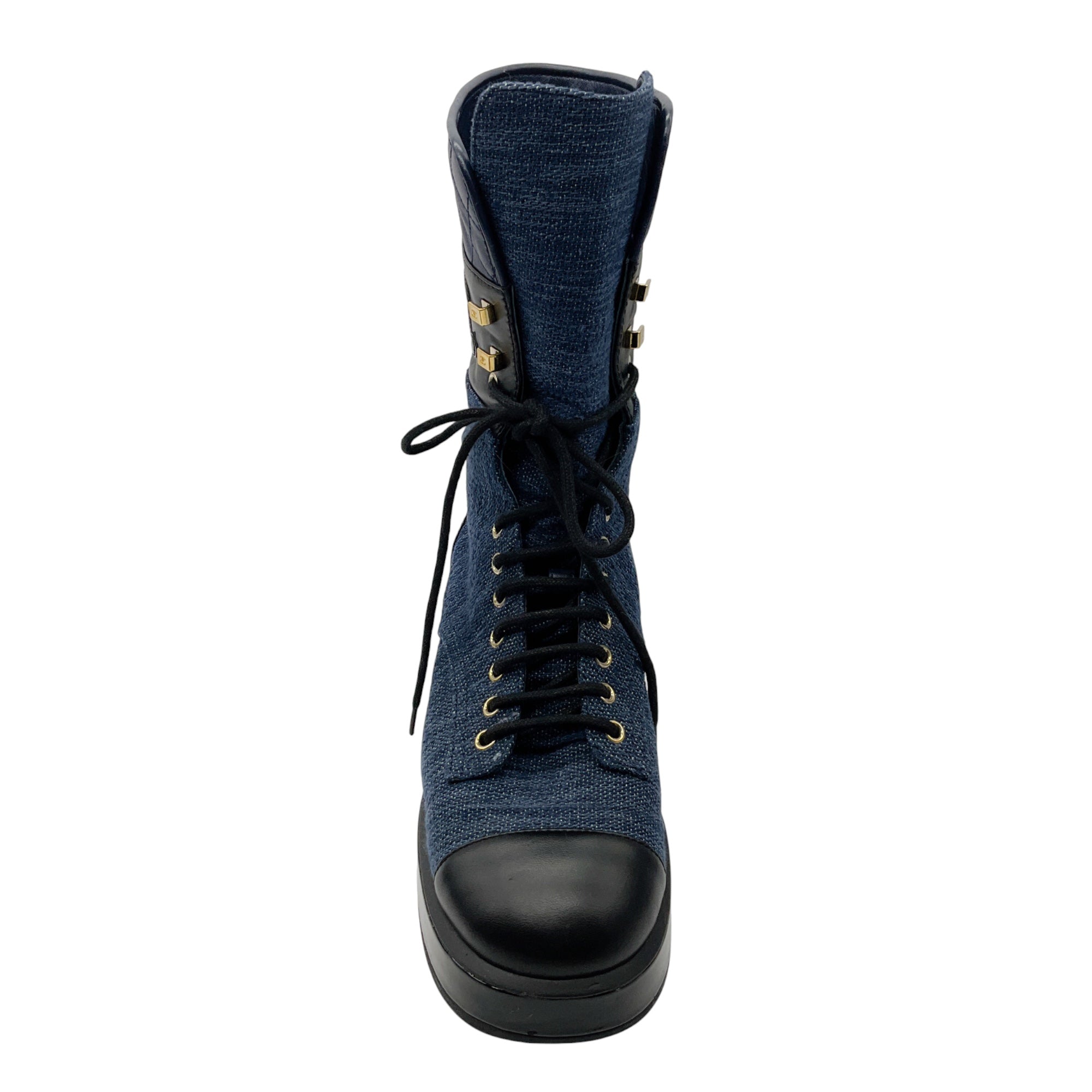 Chanel Navy Blue / Black 2022 Denim Fabric, Patent Calfskin, and Lambskin Quilted CC Lace Up Combat Boots
