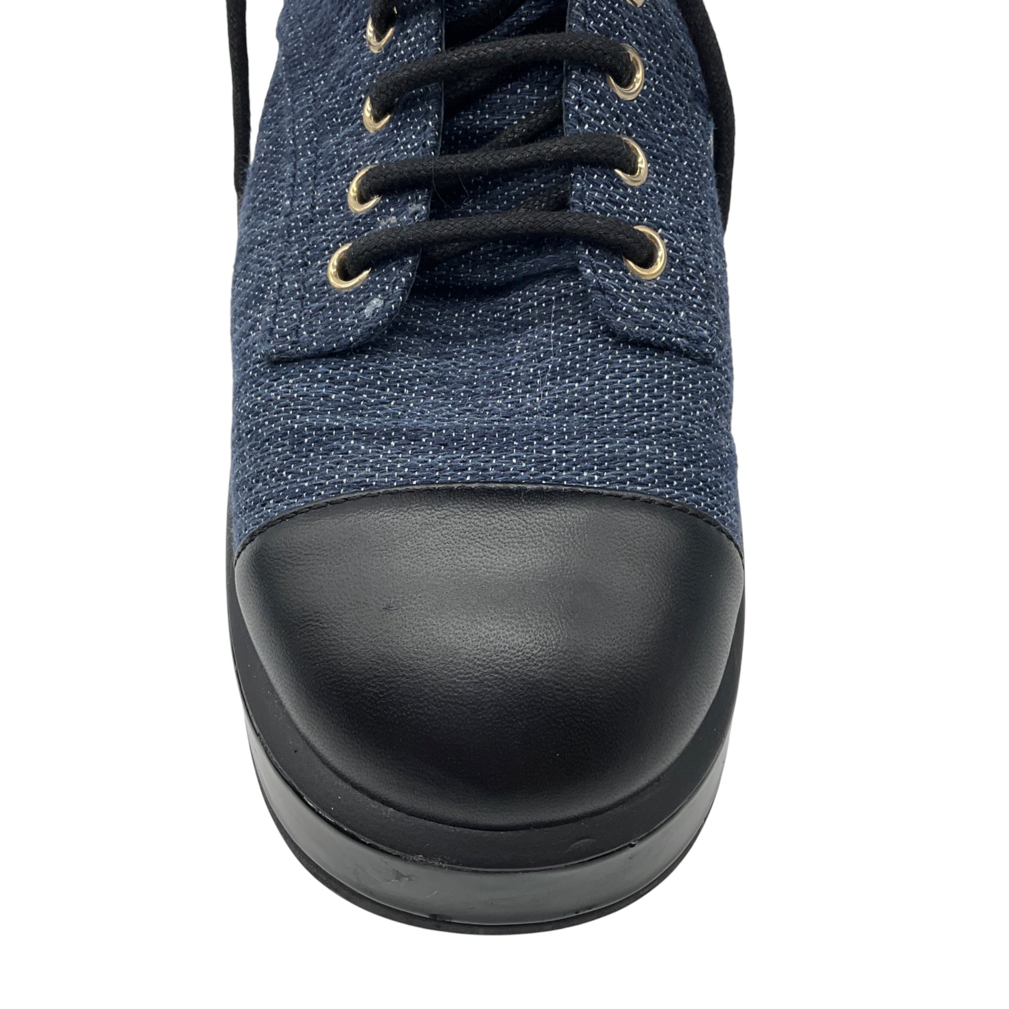 Chanel Navy Blue / Black 2022 Denim Fabric, Patent Calfskin, and Lambskin Quilted CC Lace Up Combat Boots