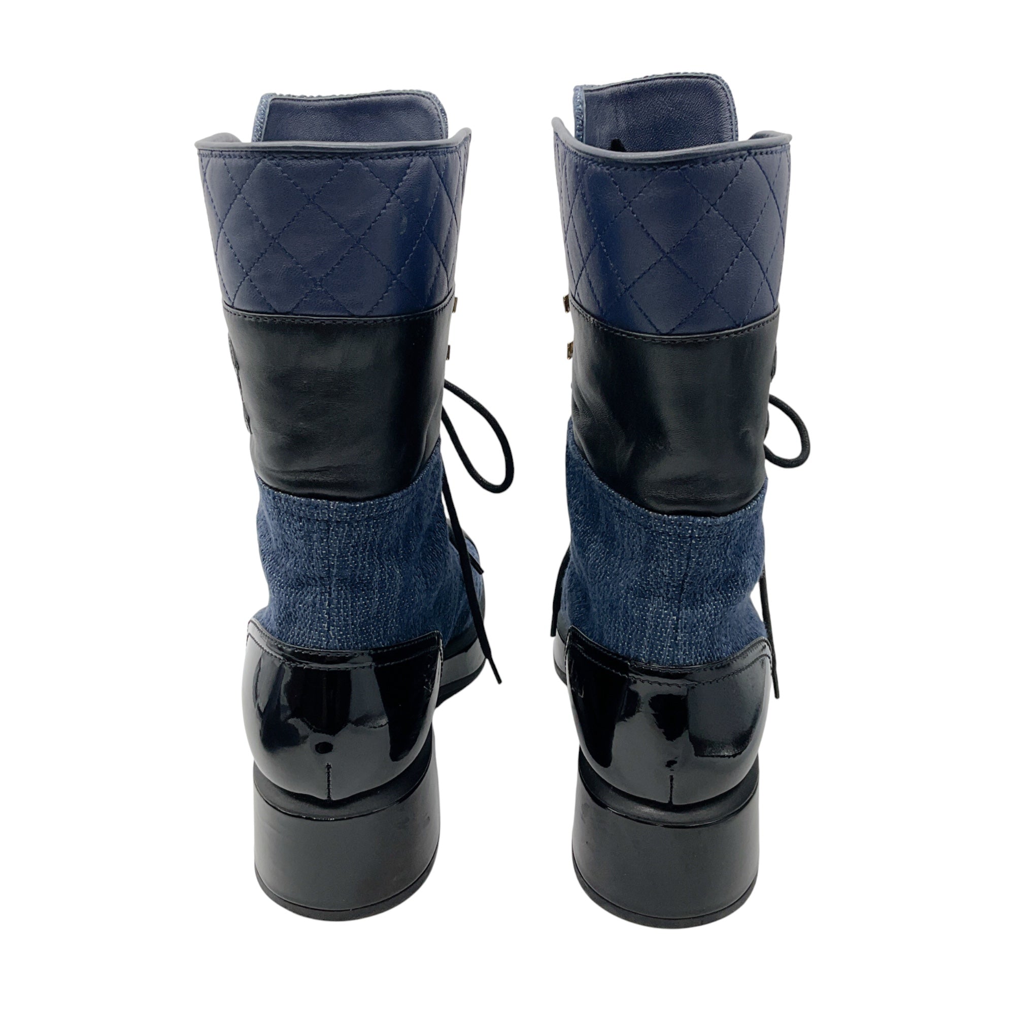 Chanel Navy Blue / Black 2022 Denim Fabric, Patent Calfskin, and Lambskin Quilted CC Lace Up Combat Boots