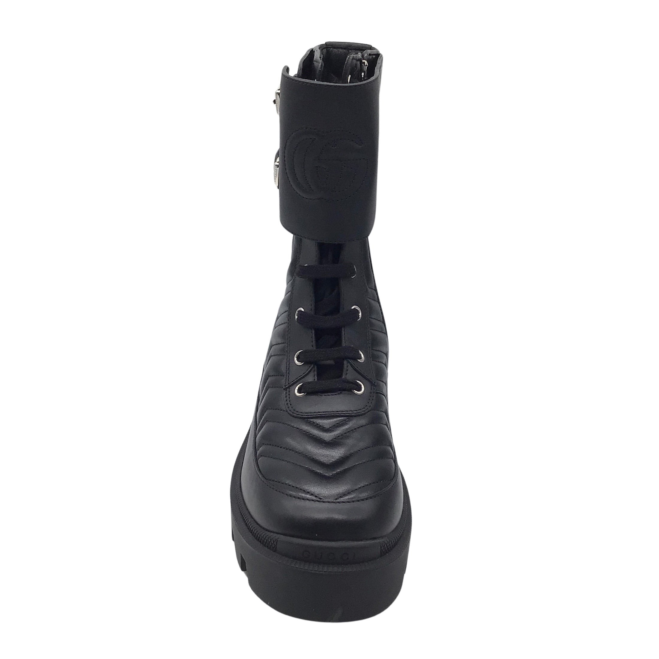 Gucci Black Nappa Leather Frances GG Matelasse Platform Combat Boots