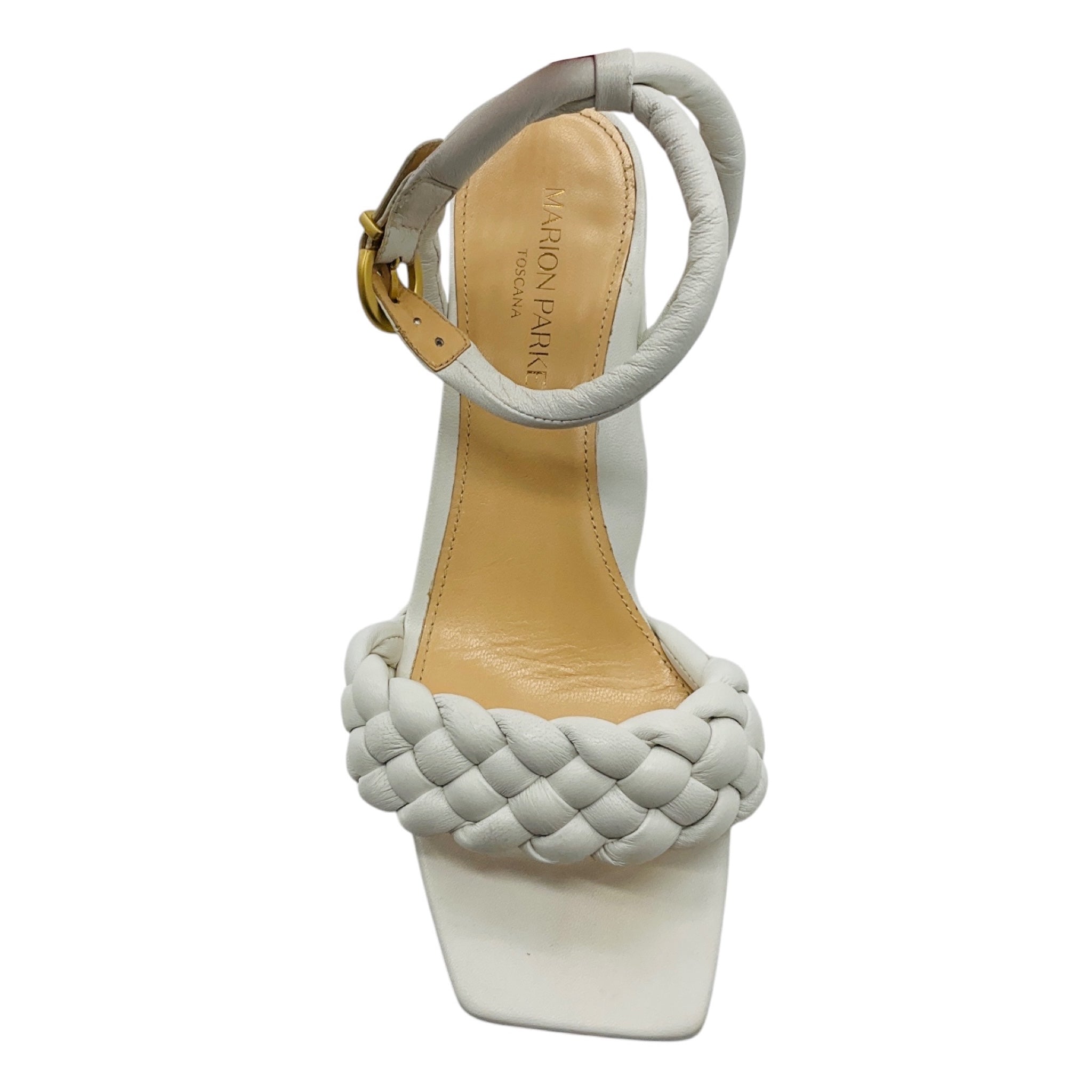 Marion Parke White Iris Braided Leather Block Heel Sandal