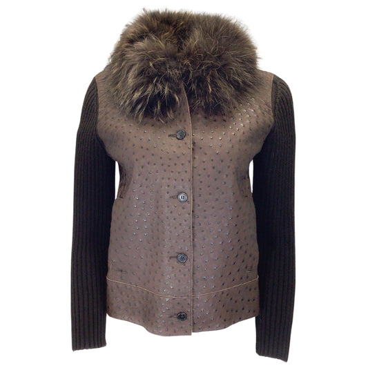Prada Brown Raccoon Fur Collar Ostrich Skin Leather and Cashmere Knit Jacket