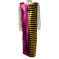 Load image into Gallery viewer, Halpern Black / Gold / Purple / Fuchsia Chevron Sequin Low Back Midi Shift Dress
