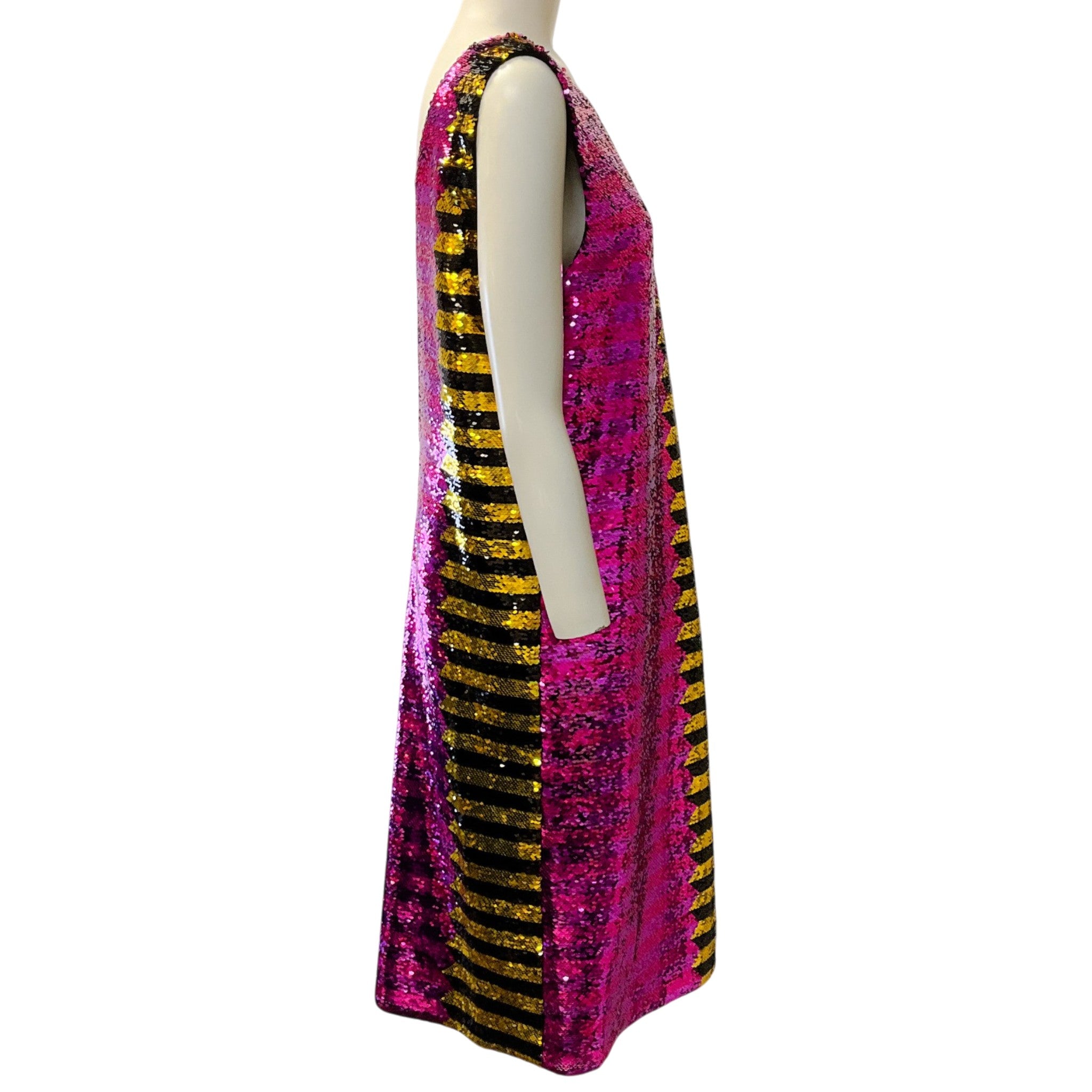 Halpern Black / Gold / Purple / Fuchsia Chevron Sequin Low Back Midi Shift Dress