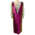 Load image into Gallery viewer, Halpern Black / Gold / Purple / Fuchsia Chevron Sequin Low Back Midi Shift Dress

