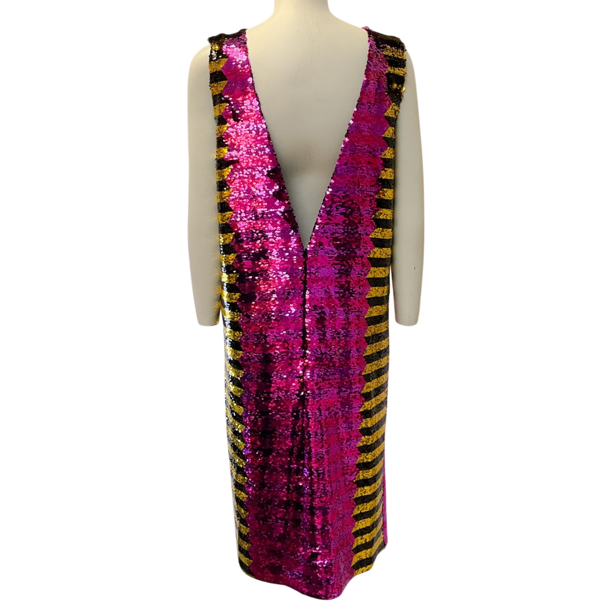 Halpern Black / Gold / Purple / Fuchsia Chevron Sequin Low Back Midi Shift Dress