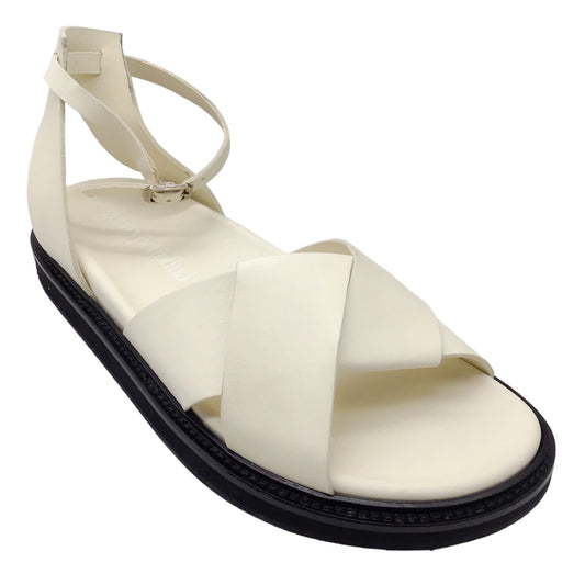 Gentry Portofino Ivory Criss Cross Leather Ankle Strap Flat Sandals