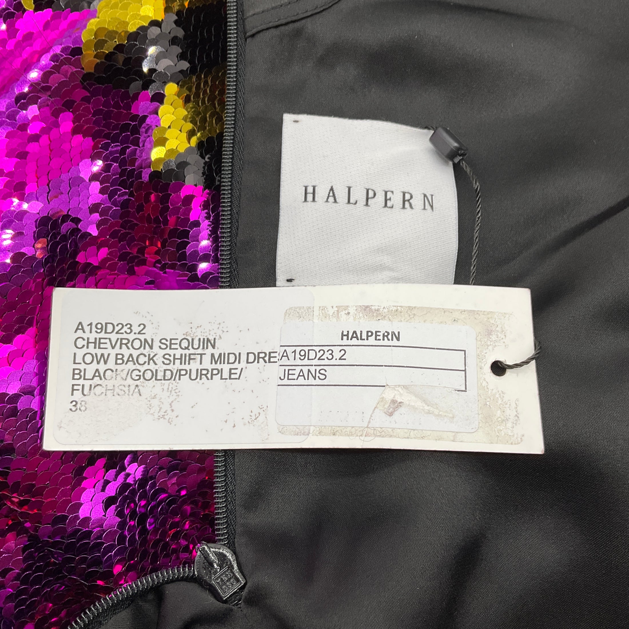 Halpern Black / Gold / Purple / Fuchsia Chevron Sequin Low Back Midi Shift Dress