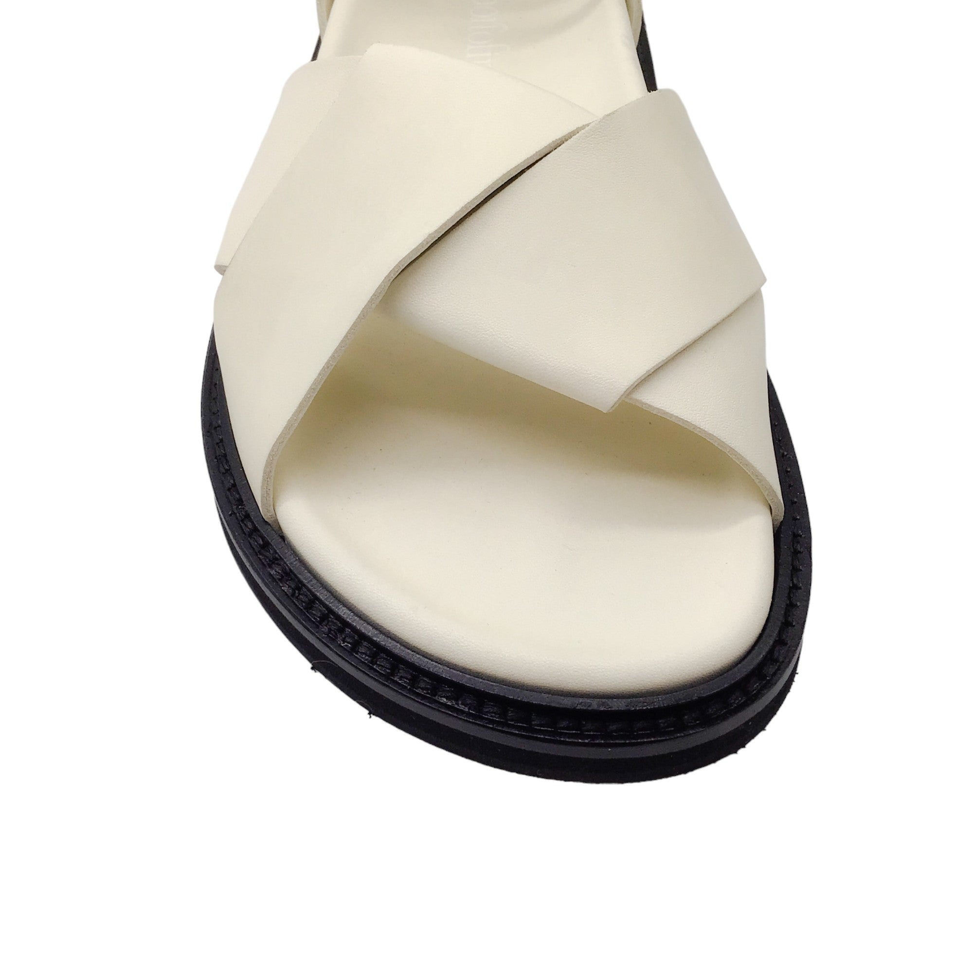 Gentry Portofino Ivory Criss Cross Leather Ankle Strap Flat Sandals