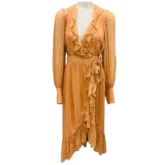 Zimmermann Caramel / Gold Sheer Dolman Sleeve Lurex Wrap Midi Dress
