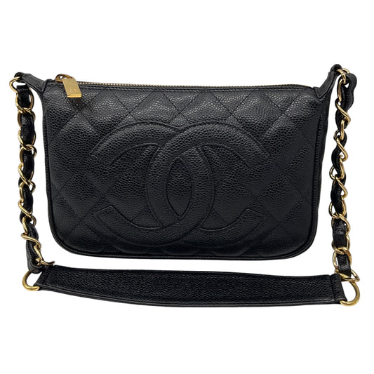Chanel Black / Gold Hardware CC Logo Quilted Caviar Leather Timeless Pochette Shoulder Bag