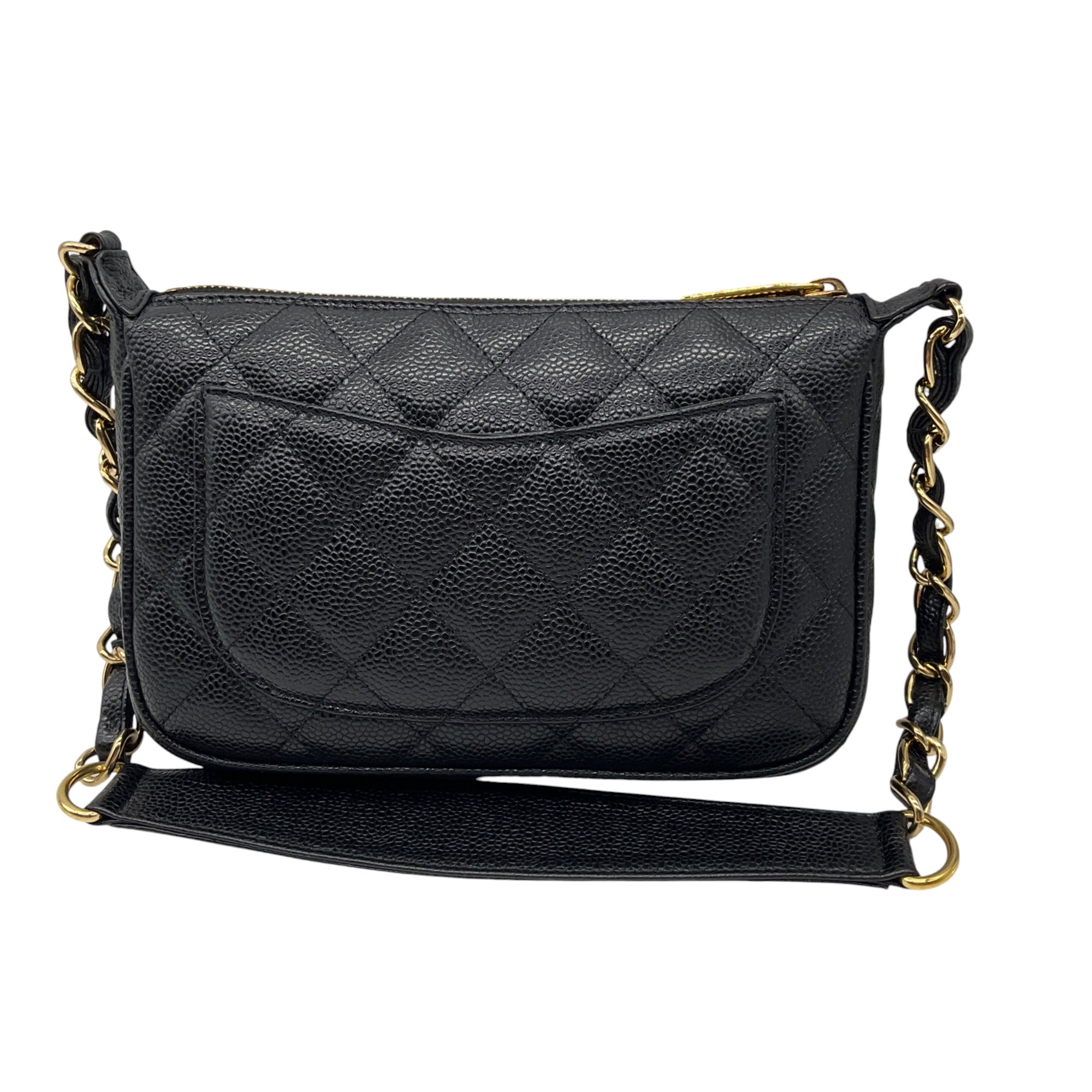 Chanel Black / Gold Hardware CC Logo Quilted Caviar Leather Timeless Pochette Shoulder Bag
