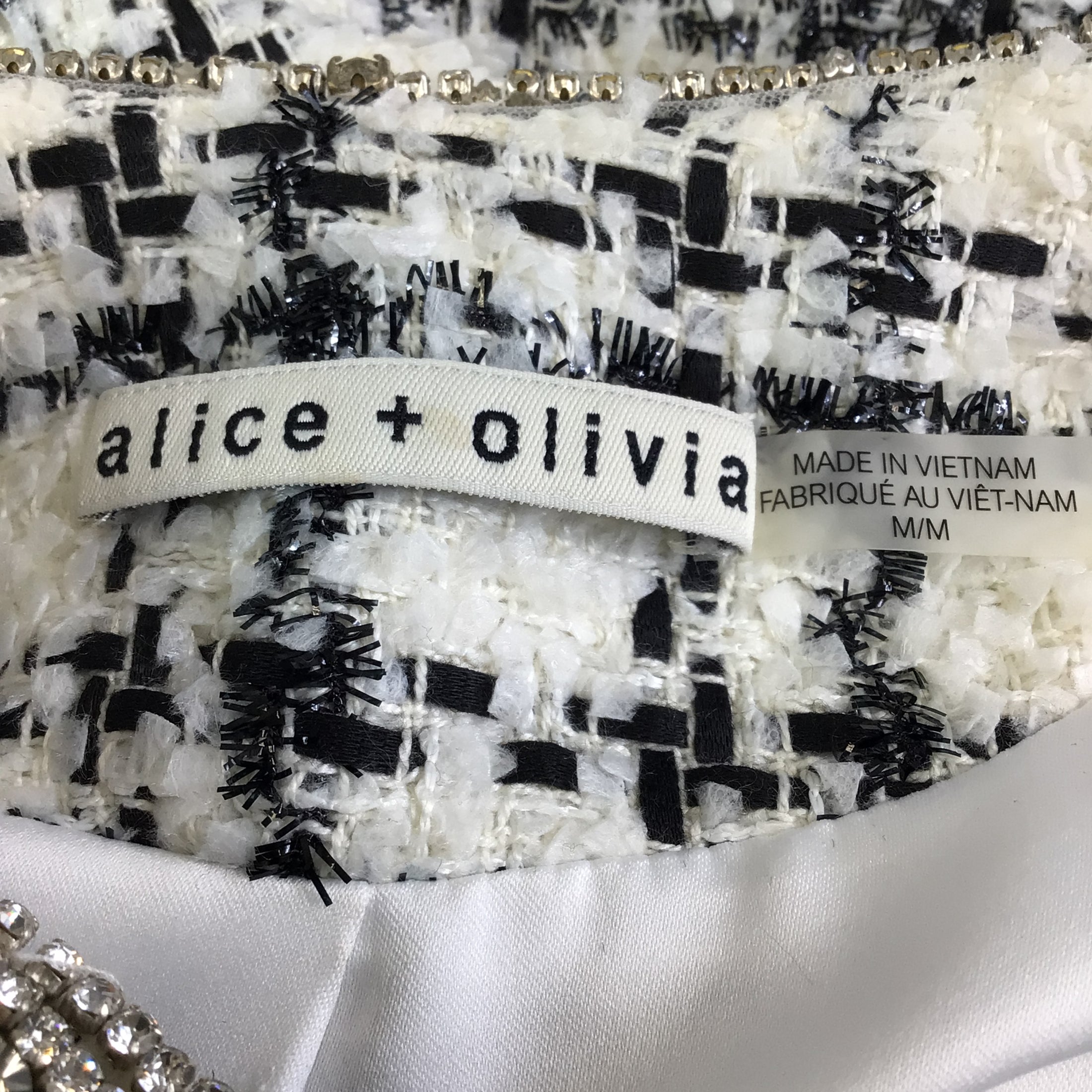 Alice + Olivia Off White / Black Tulsi Crystal-embellished Checked Tweed Coat