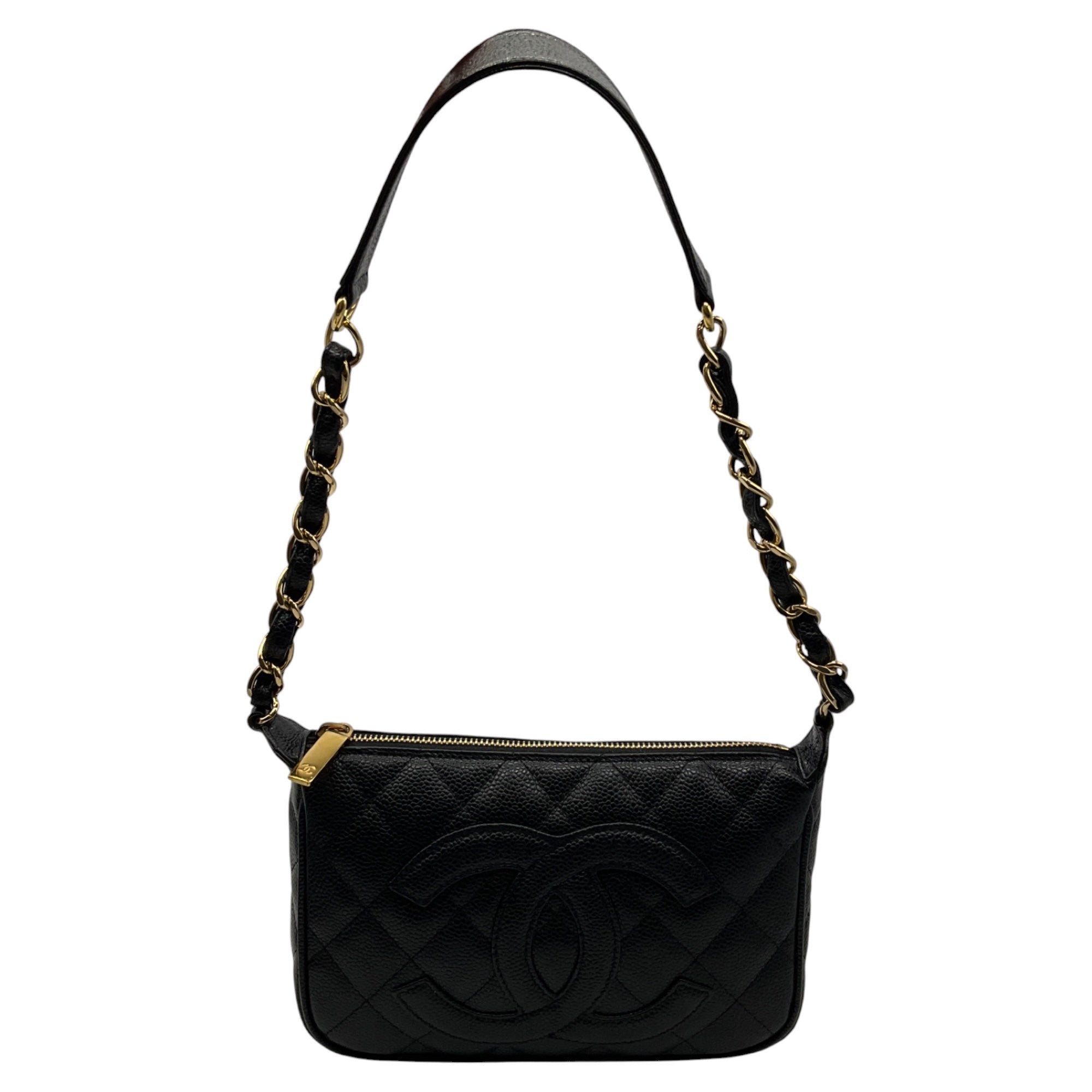 Chanel Black / Gold Hardware CC Logo Quilted Caviar Leather Timeless Pochette Shoulder Bag