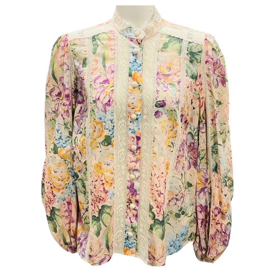 Zimmermann Multi Watercolour Floral Halliday Lace Trim Shirt