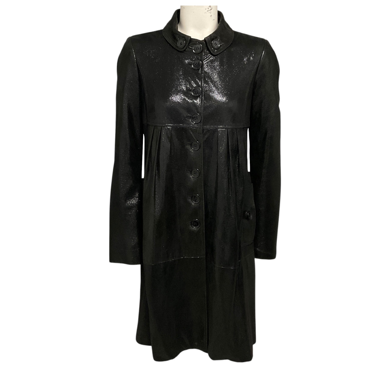 Burberry Black Shimmer Iridescent Button Front Goatskin Leather Coat