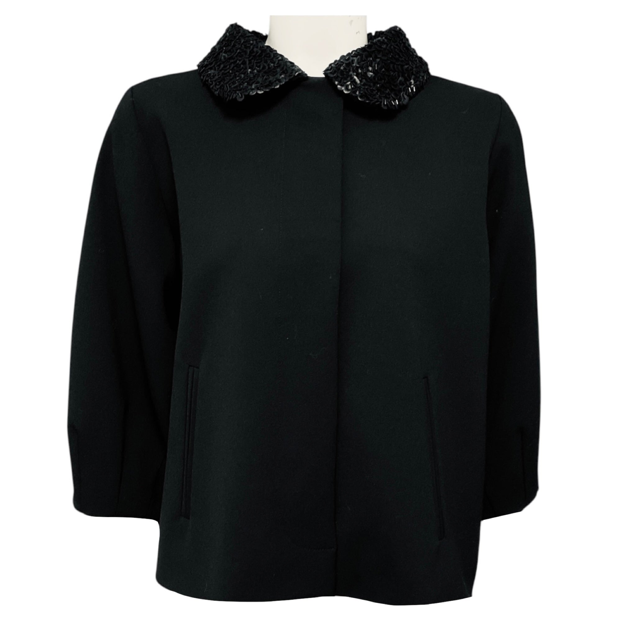 Andrew Gn Black Embellished Collar Button Front Crepe Jacket with Pleated Back