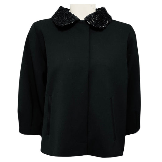 Andrew Gn Black Embellished Collar Button Front Crepe Jacket with Pleated Back