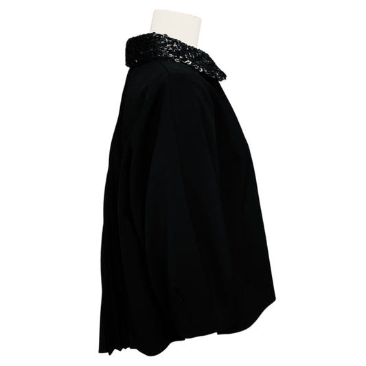 Andrew Gn Black Embellished Collar Button Front Crepe Jacket with Pleated Back