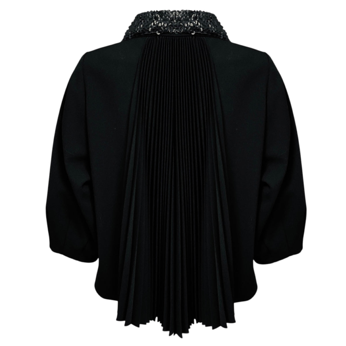 Andrew Gn Black Embellished Collar Button Front Crepe Jacket with Pleated Back