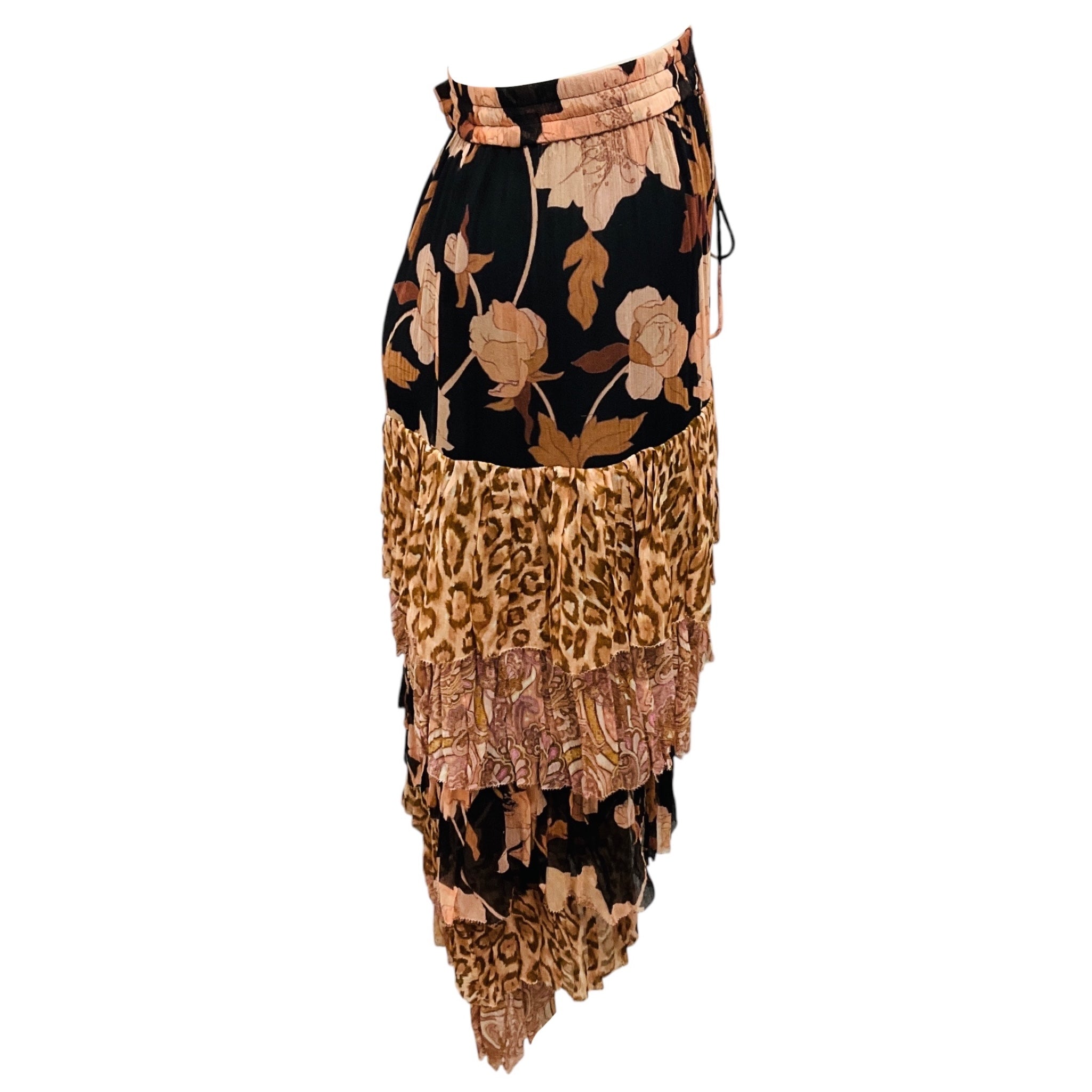 Zimmermann Nude / Black Multi Floral and Leopard Print Tiered Silk Skirt