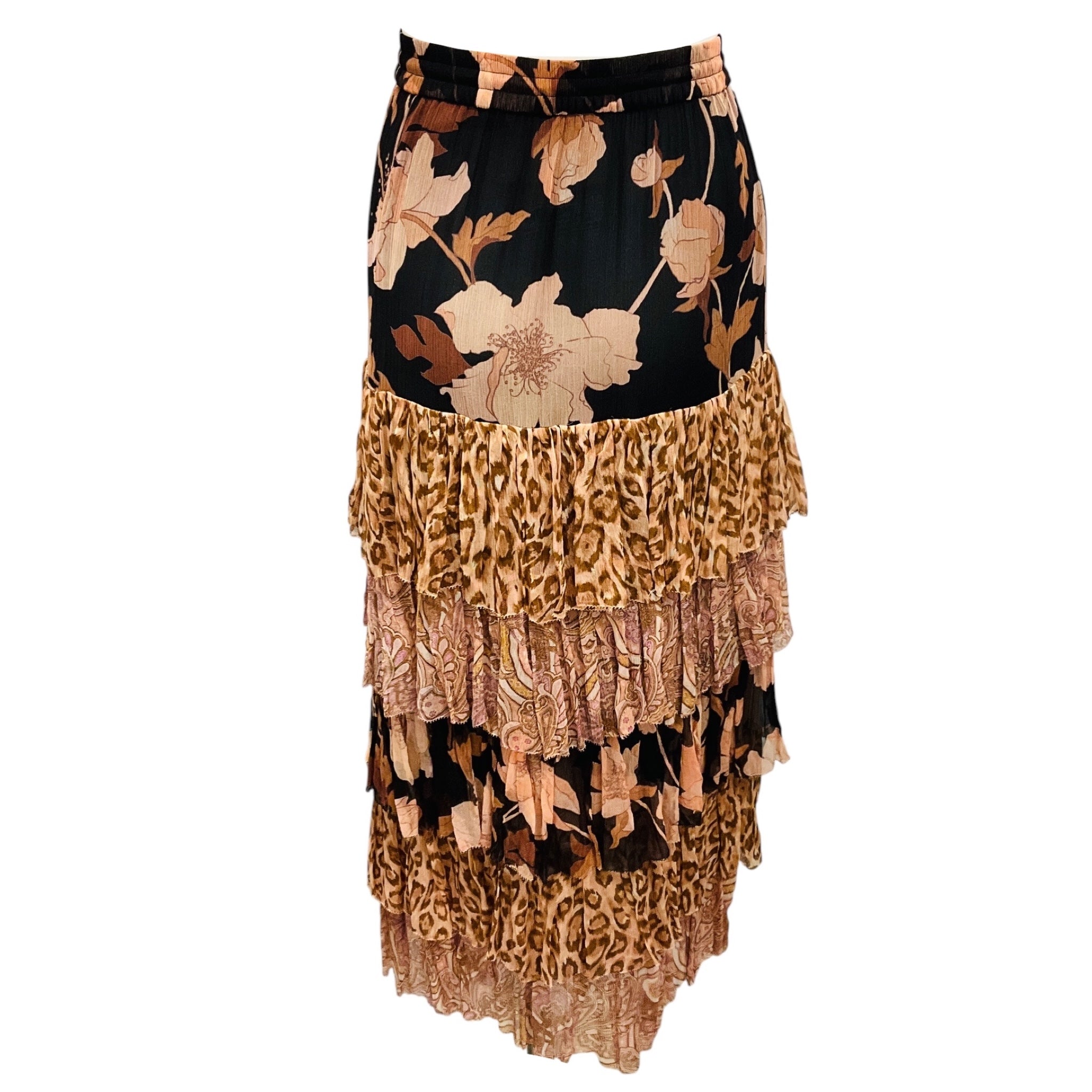 Zimmermann Nude / Black Multi Floral and Leopard Print Tiered Silk Skirt
