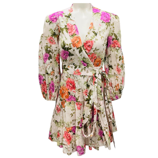 Zimmermann Ivory / Purple / Orange Multi Floral Printed Wrap Mini Dress