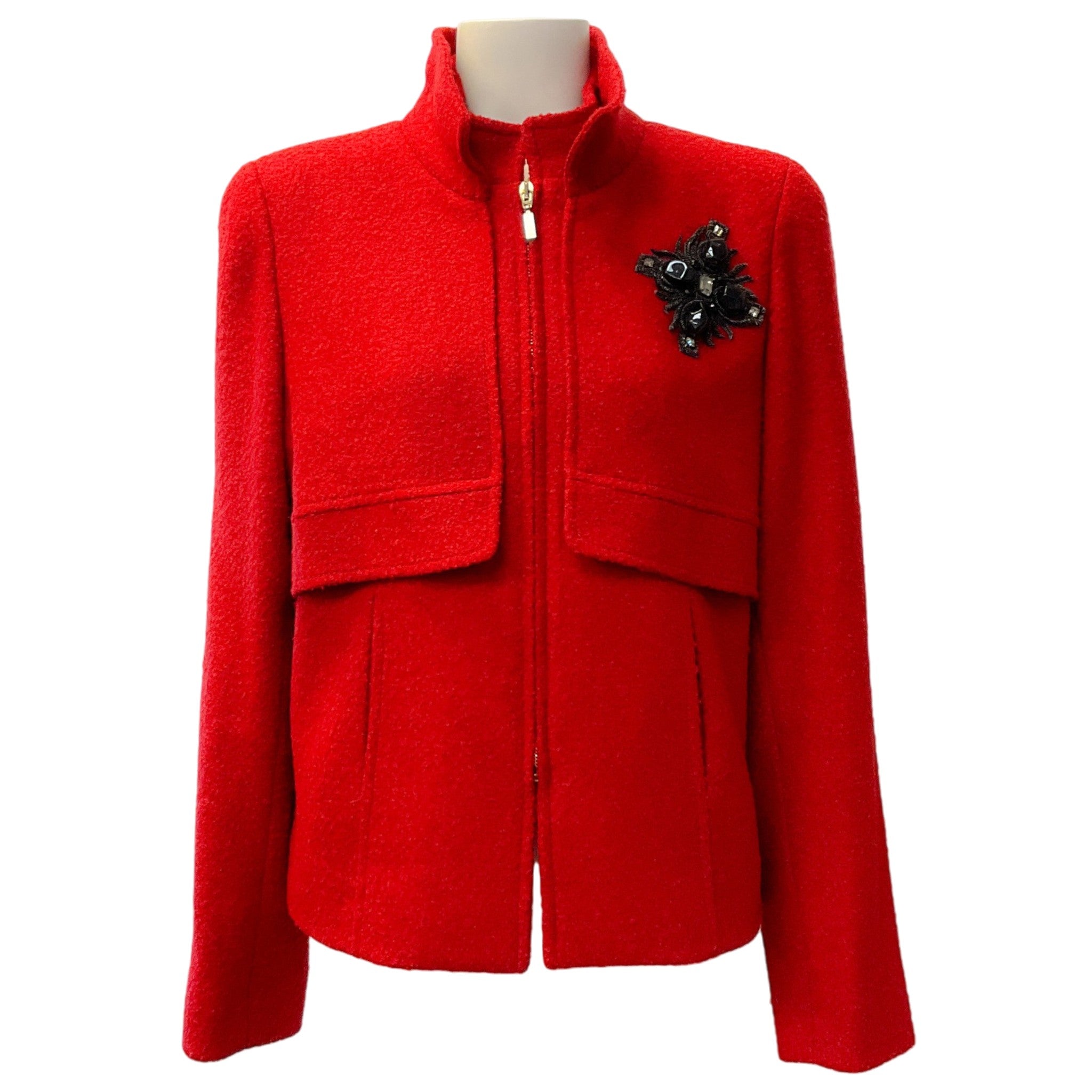 Oscar de la Renta Red Wool Boucle Jacket with Brooch Embellishment
