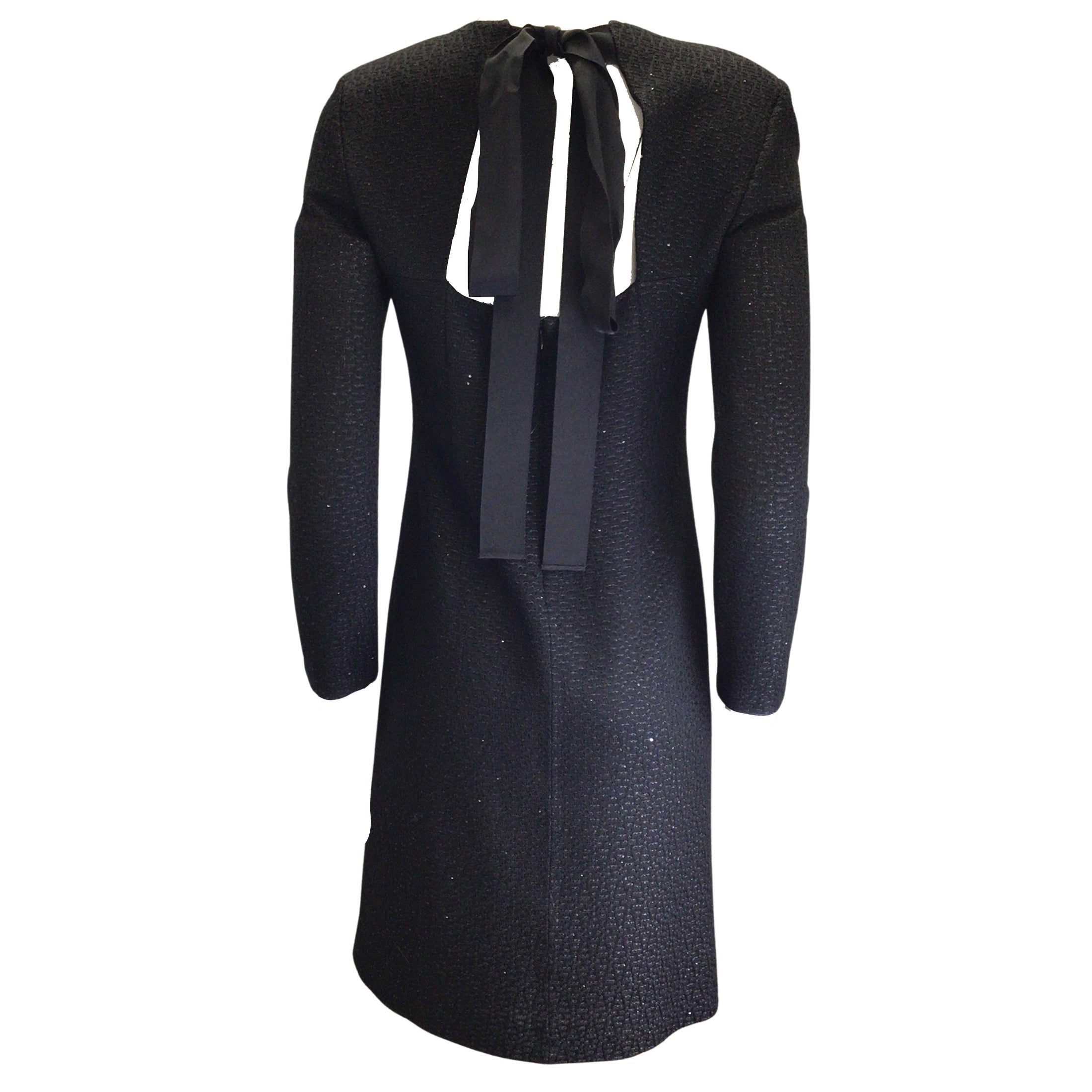 St. John Black Sequined Long Sleeved Tie-Back Knit Midi Dress
