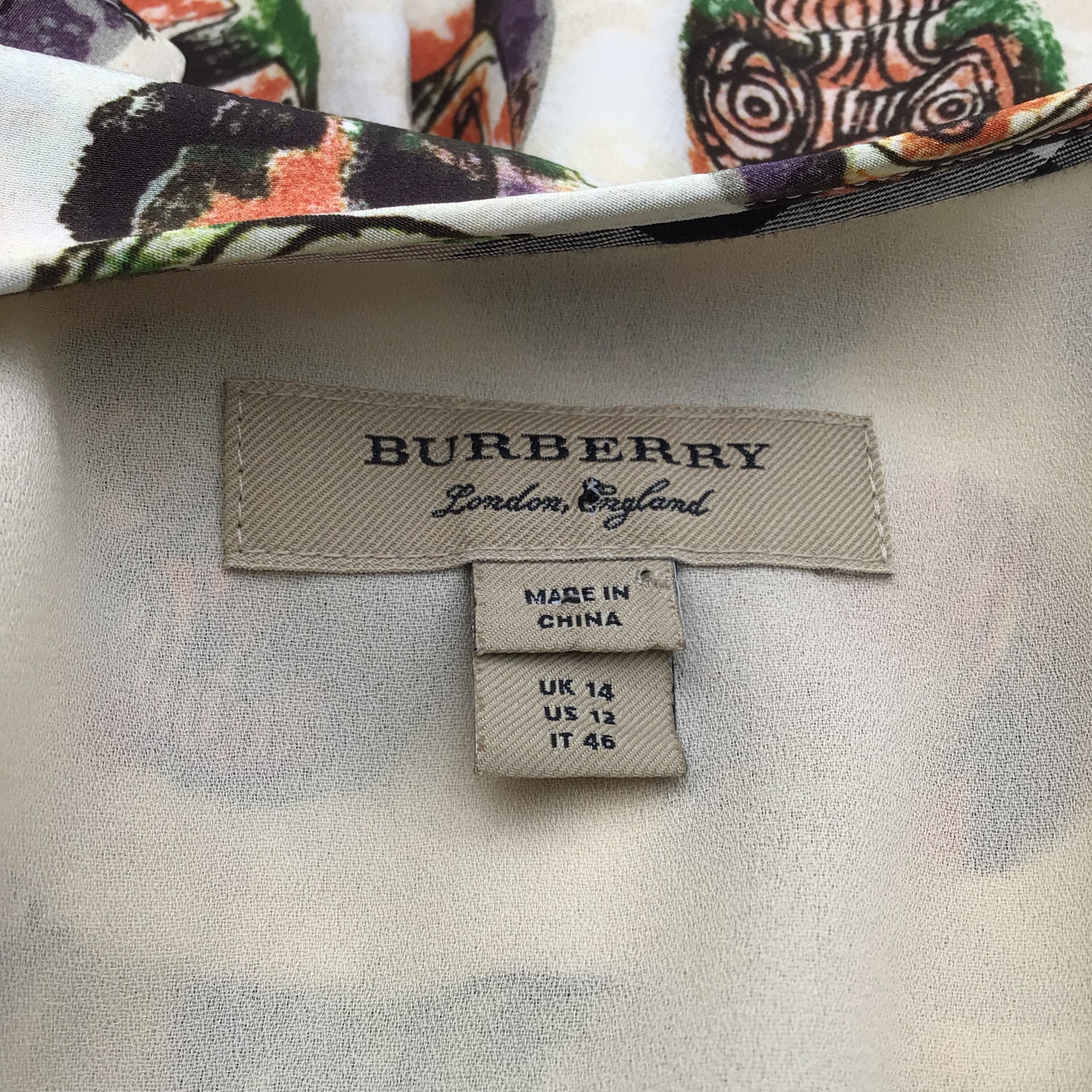 Burberry Ivory Multi Printed Long Sleeved Silk Crepe Dress
