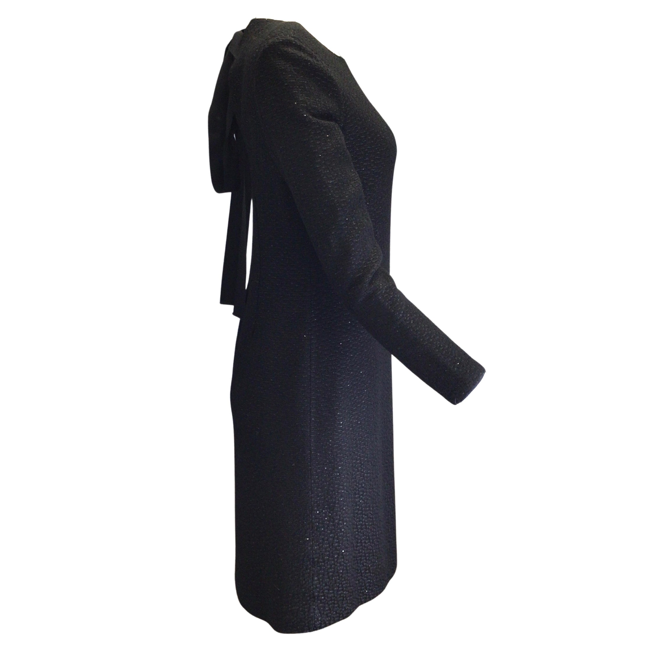 St. John Black Sequined Long Sleeved Tie-Back Knit Midi Dress