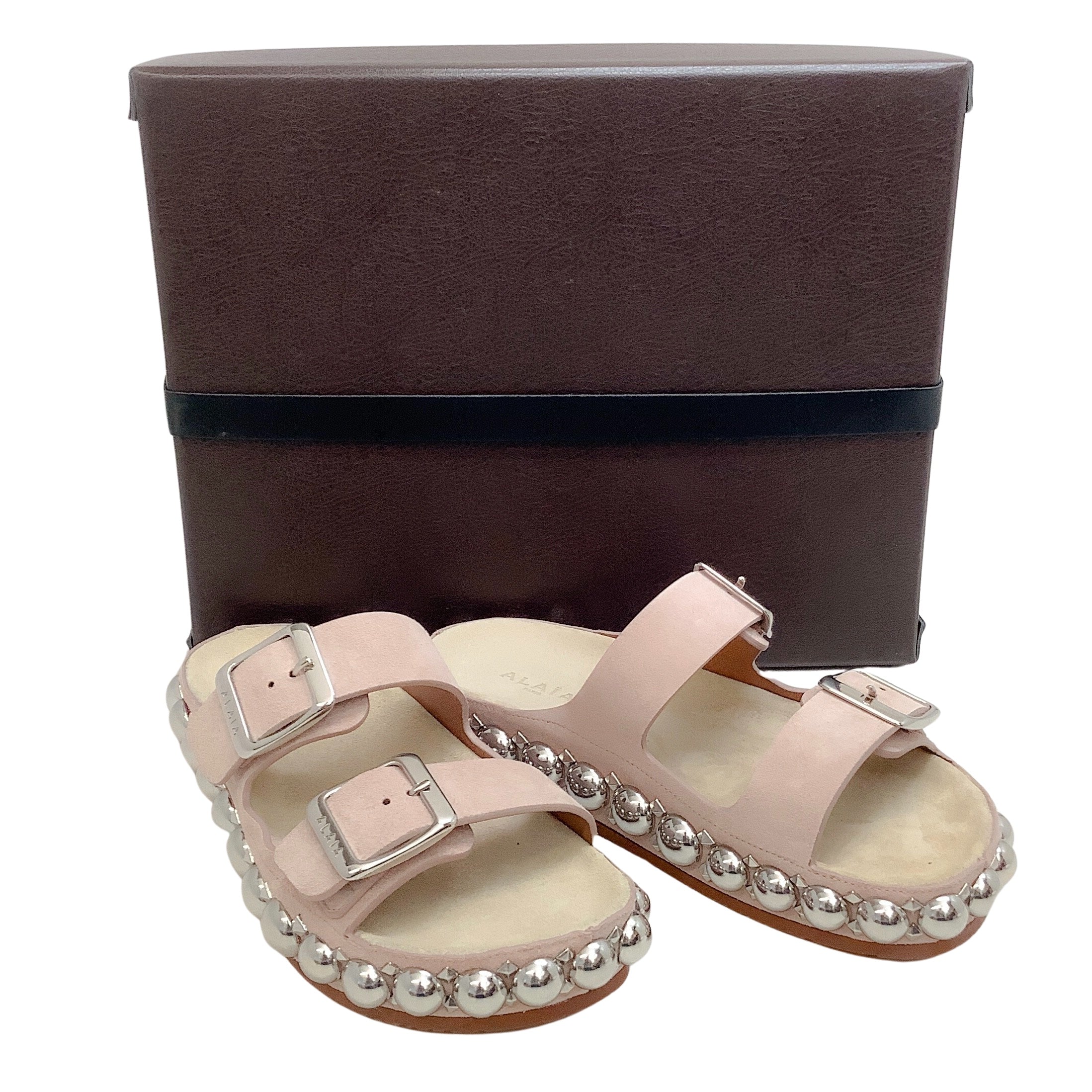 Alaia Nude Pink Suede Two Strap Sandal with Large Silver Studs
