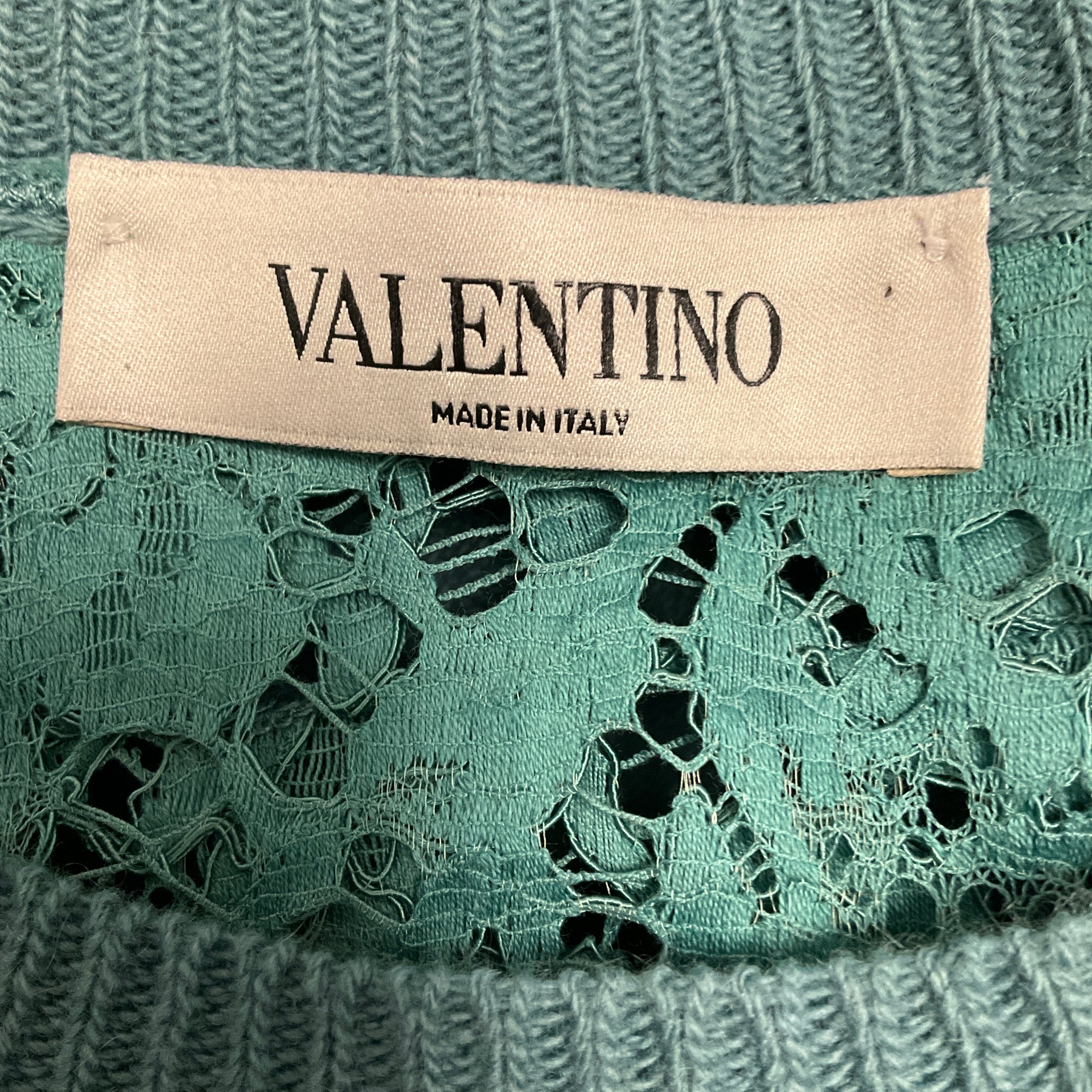 Valentino Turquoise Wool and Cashmere Knit Crewneck Pullover Sweater with Lace Back