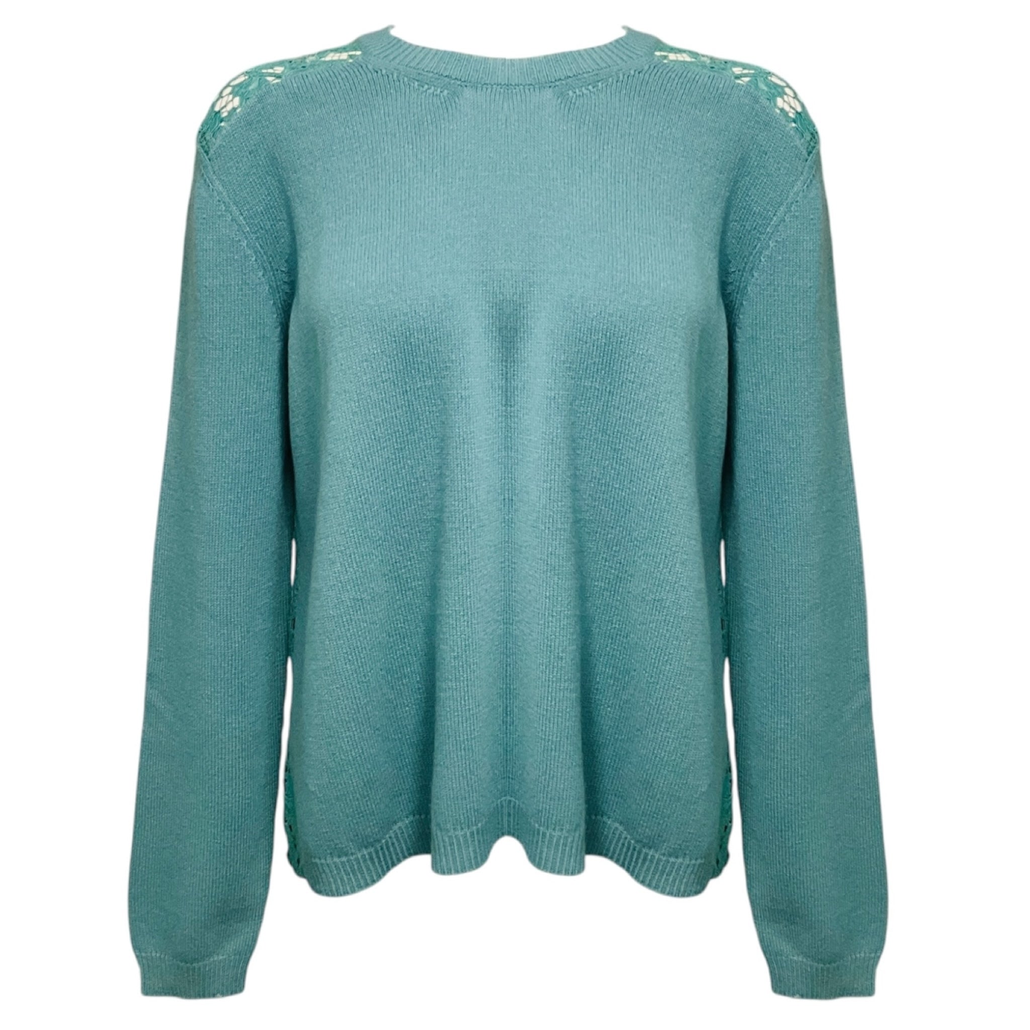 Valentino Turquoise Wool and Cashmere Knit Crewneck Pullover Sweater with Lace Back