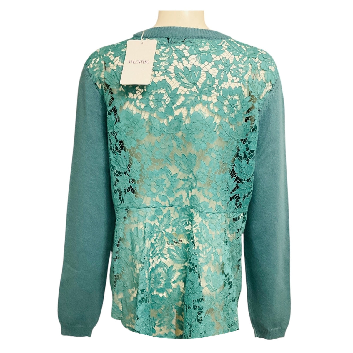 Valentino Turquoise Wool and Cashmere Knit Crewneck Pullover Sweater with Lace Back